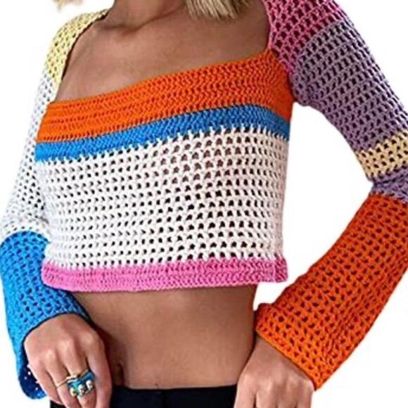 Source Unknown Tops - Women's Colorblock Crochet Knit Bolero Shrug Women’s Medium